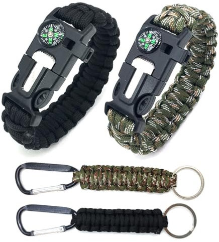 FIMWOLZ 2 Pcs Bracelet Paracorde Kit de Survie Multifonctionnel pour Randonnée et Aventure en Plein Air Sifflet Silex Boussole Livré avec 2 porte-clés en corde