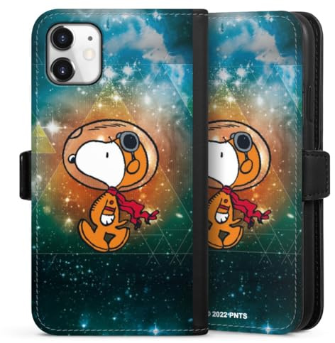 Klapphülle kompatibel mit Apple iPhone 11 Handyhülle aus Kunst Leder schwarz Flip Case Snoopy Astronaut Offizielles Lizenzprodukt