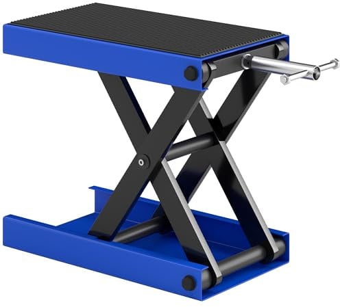 DURHAND Cric élévateur à ciseaux de moto de 500 kg, support réglable en hauteur avec large pont antidérapant, support de levage de réparation de moto en acier robuste pour la maison, le garage, bleu