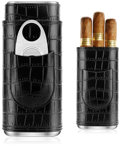 Aoreun Estuche para Puros, Humidificador de Cuero, 3 Tubes Portátil humidor de cigarros, Humidores de Cuero de Puros con Cortador de cigarros de Acero Inoxidable para Viajes de Negocios - Negro