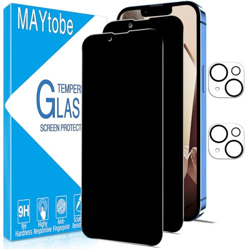 MAYtobe 2 Pack Privacy Screen Protector for iPhone 13 with 2 Pack Camera Lens Protector, Anti Spy Tempered Glass, Case Friendly, Anti-Scratch, Ultra Resistant, Touch Sensitive, No Bubbles