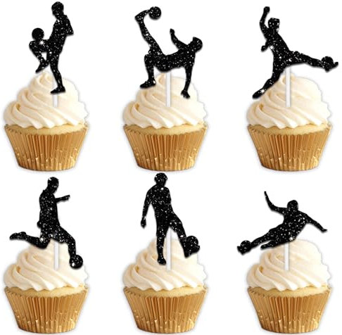 18pcs Black Glitter Silhouette Football Player Dessert Cupcake Topper Cheer to Play Football Sports Soccer World Cup Theme Decor Supplies Men Women Happy Birthday Party Decorations