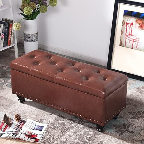 FBHappiness Large Storage Footstool Bench for Hallway with Padded Seat and Faux Leather Window Seat Storage Chest for Bedroom or Living Room