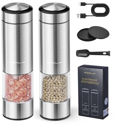 FORLIM Rechargeable Electric Salt and Pepper Grinder Set, Automatic Pepper Grinder, One-Handed Operation with LED Light, 95 mL Large Capacity with Adjustable Coarseness, Stainless Steel, Silver