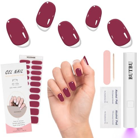 BUTBU Semi Cured Gel Nail Strips, 20 Pcs Gel-Nail Stickers with Mini UV Lamp, Self-Adhesive Waterproof Nails Wraps, gel nail-Polish-Strips with nails File for DIY nail-Art (Purple)