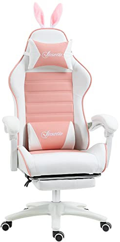 Vinsetto Chaise Gaming Fauteuil Gamer Fauteuil de Bureau Ergonomique avec Support Lombaire, Hauteur réglable, Dossier inclinable, Repose-Pieds, Oreilles de Lapin et Appui-tête, Rose