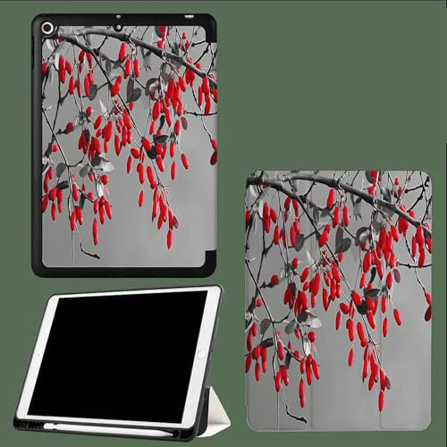 Coque pour iPad 9,7 Pouces (6ème/5ème Génération, 2018/2017) avec Porte-Pencil, Étui Arrière Fin Support Antichoc Tablette Branches Simples Fruits Rouges