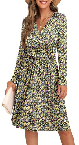 GRECERELLE Womens Autumn Wrap Dress Ladies Casual Long Sleeve V-Neck Midi Dresses for Women (FP-Black Yellow, L)