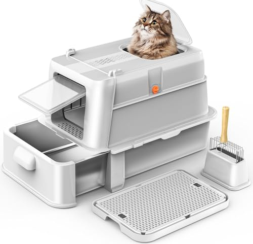 HEGGCOOE Enclosed Stainless Steel Cat Litter Tray with Lid XL, Extra Large Metal Cat Litter Box with Drawer, Litter Box includes Dual Entry, Scoop, Filter Pedal, Odor Control, Easy Cleaning-Light Grey