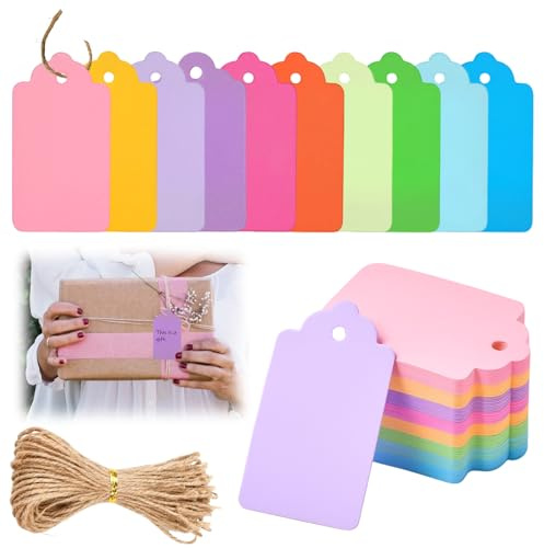 100 Pcs Gift Tags with String - 10 Assorted Colours, Small Price Tags & Decorative Labels for Gifts, Wedding, Birthday, Christmas | Hanging Name Tags for DIY Gift Boxes, Wrapping & Personalisation