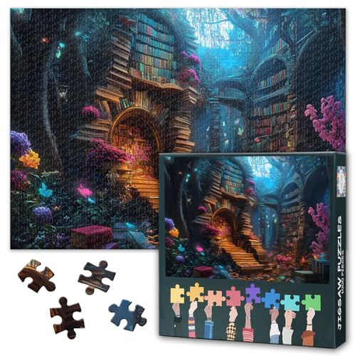 Puzzles für Erwachsene – Fantasy Bibliothek Jigsaw Puzzle 1000 Teile, blühende Blumen-Kunst, schwieriges, herausforderndes Familienpuzzle (70 x 50 cm), einzigartige Wohnraumdekoration