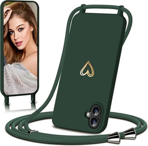 Eherui handyband für iPhone 17 Hülle mit Band,Design Gold Herz,Dünn Stoßfeste SchutzHülle,mit Abnehmbar Kordel zum Umhängen Liquid Silikon Case Handyhülle für iPhone 17,Grün