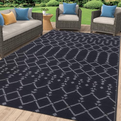 Homaxy Outdoor Teppich Wetterfest 150x240cm, Schwarz & Grau | Beidseitig Nutzbar, Wasserdicht, Boho Design, Für Terrasse, Garten, Balkon, Camping, Picknick