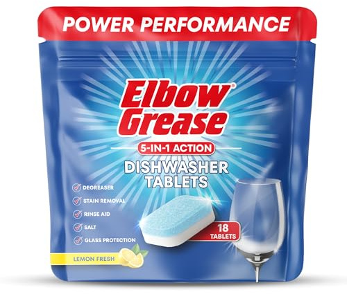 Elbow Grease Dishwasher Tablets (Lemon Fresh, 18 Tabs) | 5-in-1 Action - Degreaser, Stain Removal, Rinse Aid, Dishwasher Salt & Glass Protection