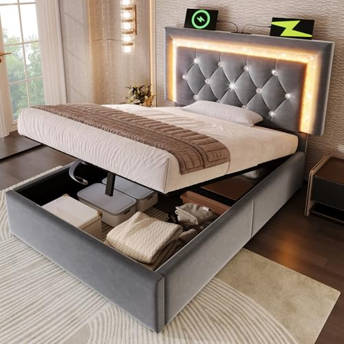 Polsterbett 90x200 cm Samt Einzelbett mit LED-Diamantband im Kopfteil, USB & Type-C Ladestation, hydraulischem Bettkasten mit Stauraum, modernes Jugendbett mit Lattenrost, Grau(Mit Matratze)