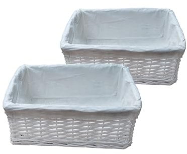 2 x 100% Eco-Friendly White Wicker storage Basket With Cloth By Arpan (Small- W29xD18xH14cm)