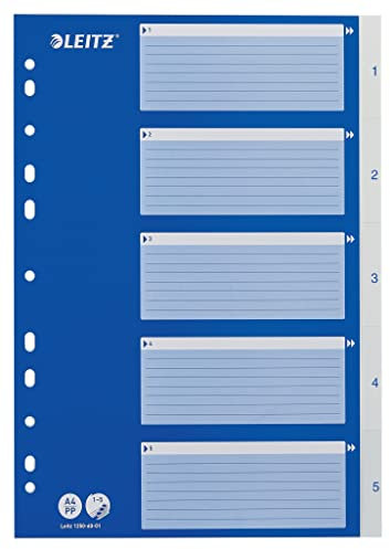 Leitz Register für A4, Deckblatt aus Karton und 5 Trennblätter aus Kunststoff, Taben mit Zahlenaufdruck 1-5, Blau/Weiß, 12506001