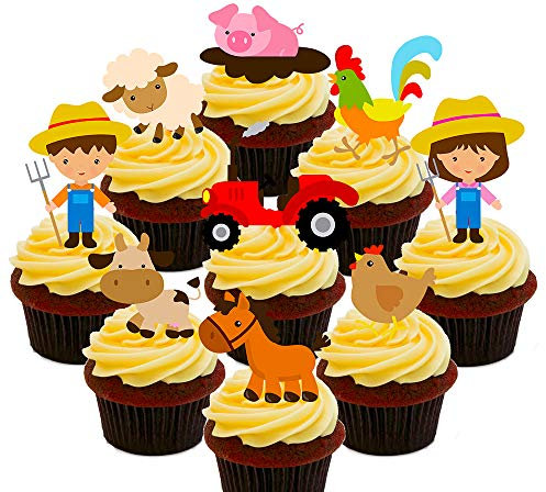 Farmyard Party Pack - Farmers,Tractors and Farm Animals, Kids' Edible Cupcake Toppers - Stand-up Wafer Cake Decorations (Pack of 36)