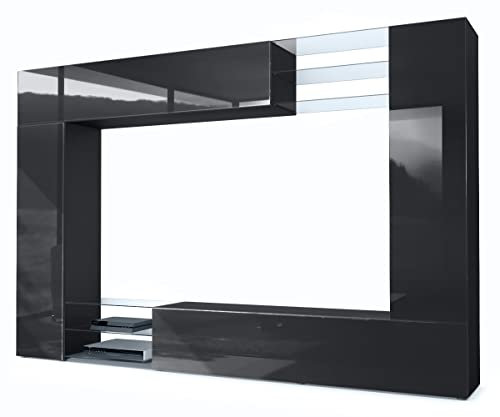 Vladon Wohnwand Mirage, Made in Germany, Anbauwand mit Rückwand mit 2 Türen, 2 Klappen und 6 offenen Glasablagen, Schwarz matt/Schwarz Hochglanz (262 x 183 x 39 cm)
