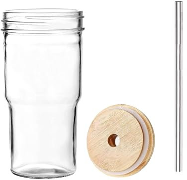 G-HOM 2-Pack 24oz/720ml Glass Iced Coffee Cups with Bamboo Lids and Stainless Steel Straws, Bubble Tea Cups Set for Cocktails, Tumbler Iced Tea Glasses Coffee Cup, Reusable Boba Cup Straw, Smoothie
