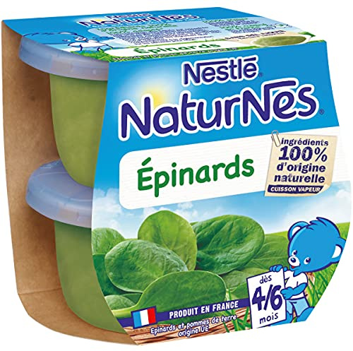 NESTLE NATURNES Petits Pots Bébé Epinards - Dès 4/6 mois - 2x130g - Pack de 12 (24 Pots)