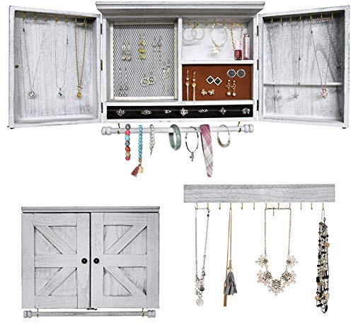 GLANT Rustic Wall Mounted Jewelry Organizer with Wooden Barndoor Decor,Wooden Wall Mount Holder,Jewelry holder for Necklaces, Earings, Bracelets, Ring Holder. (White)