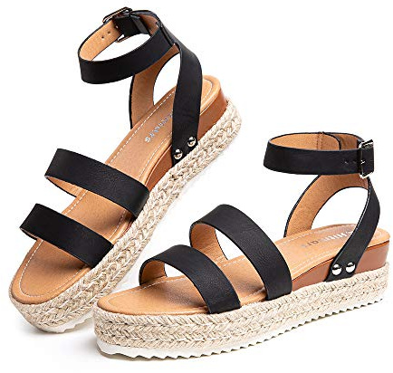 Hitmars Sandals Women Wedge Espadrilles Ladies Summer Platform Sandals Ankle Strap Comfy Black-2 6.5 UK