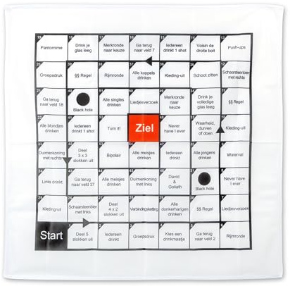 Trinkspiel Spielfeld, 54 x unterschiedliche Spielfelder, 70 x 70 cm Tischdecke gedruckt, niederländische Version, Saufspiel zum Vorglühen, Kater vorprogrammiert, Brettspiel Erwachsene, Partyspiel