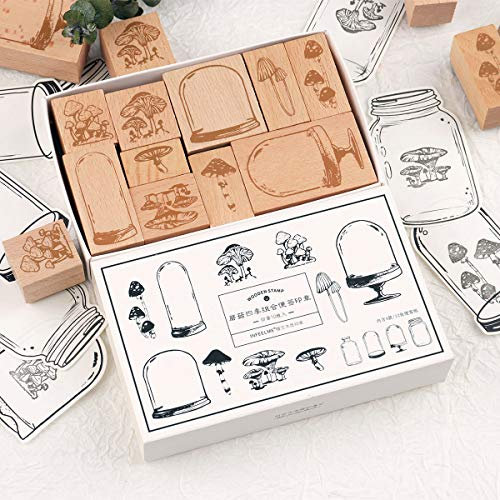 RISYPISY Holzstempel Set, 10 Stück Dekorativer Montierte Stempel mit Pilz & Probenflasche Gedruckt & 12 Blatt Ins Style Notizblock für Kartenherstellung, Basteln, Schreibwaren Scrapbooking, Tagebuch