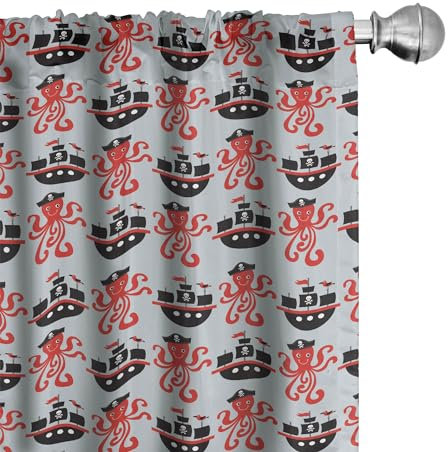 ABAKUHAUS Octopus Schiff Vorhänge, Gardinen, Piraten-Schiff und Tier, Fensterbehandlungen für Wohnzimmer Schlafzimmer Dekor, 2 Stück 75 cm b x 225 cm h, Blassgrau und Vermilion