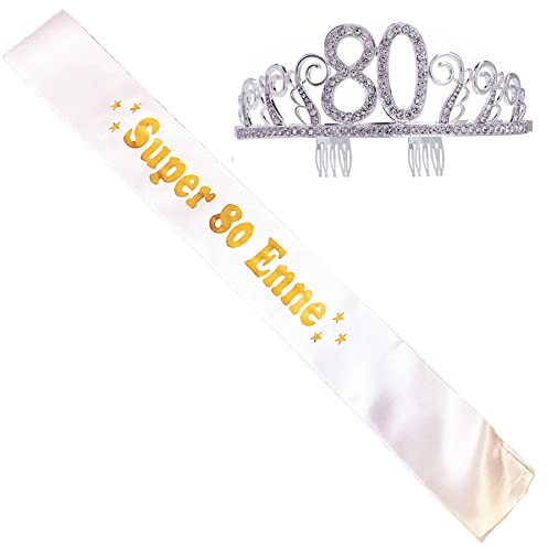 80th Birthday deko Set (80th Birthday deko) 2er Set 80. Geburtstag Schärpe und Tiara Rosa Geburtstag Schärpe Geburtstag Krone 80 Geburtstagskrone Prinzessin Kristall Krone Schärpe für Frauen 80