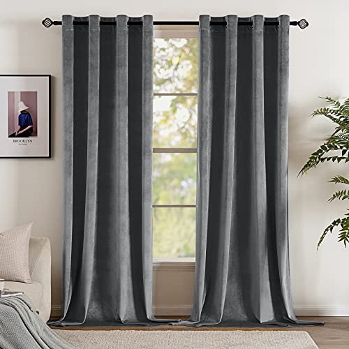 EMEMA 2 Stück Verdunklungsvorhang Samtvorhänge Blickdicht Vorhang mit Ösen Thermogardine Ösenvorhang Verdunkelungsgardinen für Schlafzimmer Wohnzimmer, 140 x 225 cm(B x H) Grau