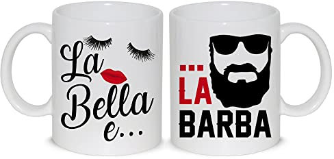 thedifferent Coppia Tazze Tazza Mug La Bella e La Barba Simpatica Cuore Amore Love 2 Tazze Fidanzati Sposi Coppie Thè/Latte - Idea Regalo Anniversari San Valentino