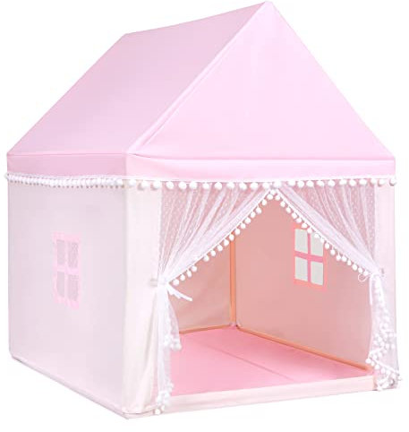 DREAMADE Kinderspielzelt Spielzelt für Kinder mit gepolsterter Decke & Fenstern & Holzrahmen, Kinderspielhaus, Tipi Zelt, Kinderzelt für drinnen, für Jungen & Mädchen (Rosa)
