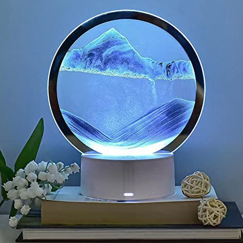 Demiawaking Peinture De Sable Qui Coule Lampe, Sable Dynamique Art, Cadre Sable Mouvant en Verre de Paysage Naturel 3D, Sablier Liquide, Déco Maison Lampe, Travail Décor (Bleu)