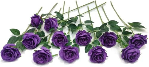 Laelfe 12 Pcs Purple Artificial Roses, Long Stem Faux Silk Purple Flowers Fake Roses for Wedding Bridal Bouquet Home Party Arrangment Hotel Garden Decoration