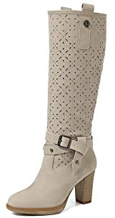 QUEEN HELENA Stivali Traforati con Tacco Plateau Zip Laterale Comodi Casual Alti Donna X28-108 (Beige, numeric_40)