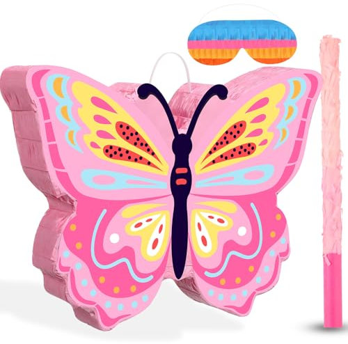 Threan Pinata Schmetterling Set Inklusive Pinjater für Mädchen Rosa Schläger und Augenbinde für Geburtstag Party Zubehör Deko