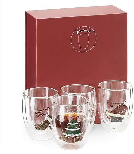 Navaris 4x doppelwandige Gläser 350ml - Thermogläser für Cappuccino Latte Macchiato Tee Wasser Cocktails - 4er Set Kaffeegläser Borosilikatglas - Weihnachtsmotive