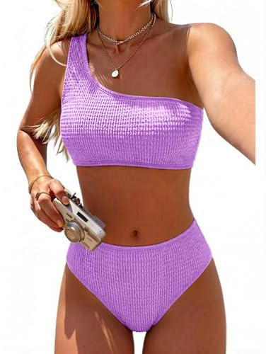 Pfreesea Bikini-Sets für Damen, hohe Taille, 2-teilig, Bestseller-Badeanzug, gerippt, eine Schulter, Bauchkontrolle