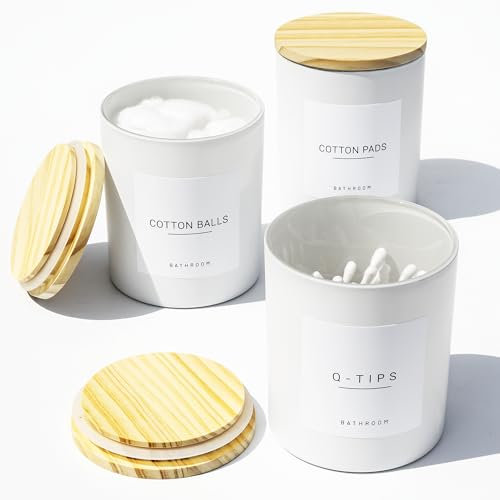 Ezebesta 3PCS Farmhouse 400ml White Bathroom Canisters with 12 Labels & Wooden Lid Thick Glass Jar Set Qtip Holder for Cotton Ball & Pads Storage Organization Minimalist Decor