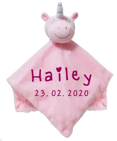 Wuff-Dogsworld Baby Kuscheltuch VIELE Modelle mit Namen Bestickt Geschenk Taufe Geburt Schmusetuch Schnuffeltuch Trösterchen Junge Mädchen (Einhorn rosa)