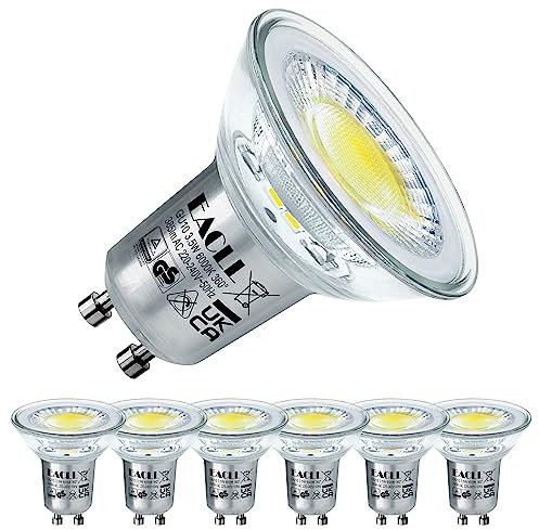 EACLL GU10 LED Kaltweiss 3,5W Ersetzt 50W Halogenlampe, 6er-Pack. 385 Lumen 6000K Leuchtmittel, Abstrahlwinkel 360° Energiesparlampe, Nicht Dimmbar Reflektorlampen, AC 230V Flimmerfrei Strahler