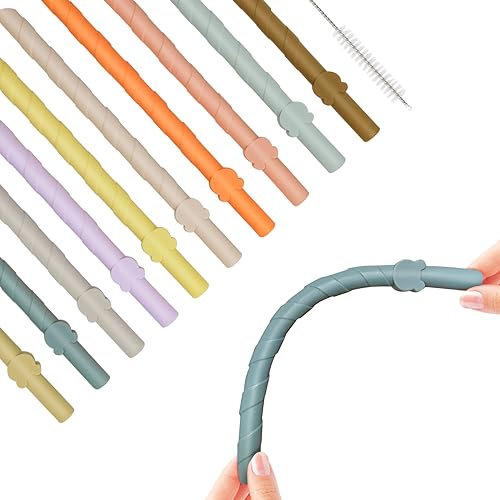 FIHODONE 10 Stück Silikon Strohhalme mit Reinigungsbürste,Strohhalme Kinder Bunt,230mm Länge Bubble Tea Trinkhalme Wiederverwendbar,Cocktail Röhrchen Leicht Zu Reinigen,Sicher, Umweltfreundlich