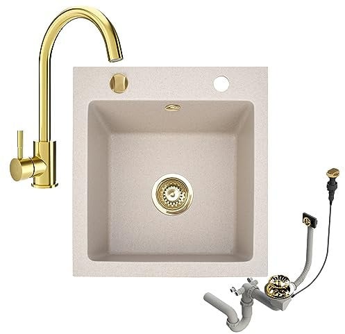 Faizee Möbel | Granitspüle 48x50 cm mit Armatur | Küchenspüle in Beige mit goldenem Siphon-Set | Hochwertiges & kratzfestes Granit Spülbecken für Unterschränke ab 45 cm