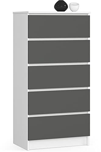 AKORD Kommode K60 mit 5 Schubladen | für das Wohnzimmer Schlafzimmer Schrank Büro Arbeitszimmer | Modernes Funktionales Design | B60 x H121 x T40 cm, Gewicht 39kg | Weiß/Graphitgrau