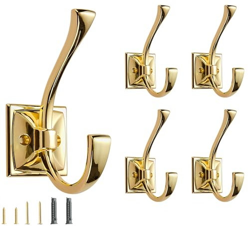 CABDM 5 Pack Decorative Heavy Duty Towel Hooks for Hanging Robe Double Polished Brass Coat Hooks Wall Mounted with Screws for Key, Towel, Bags, Cup, Hat