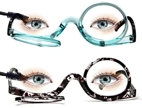 MMOWW Makeup Reading Glasses for Womens, Dual Lens Magnifying Flip-Down Spin Fashion Glasses (Black+Blue, +1.5)