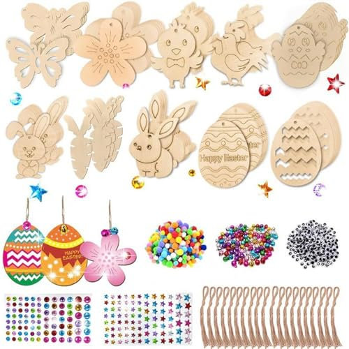 Holzanhänger Ostern Zum Bemalen, 252 Stück Ostern zum Bemalen Ostereier Anhänger Holz Ostern Deko, DIY Anhänger Ostern Mit Aquarellstift, Strass, Glöckchen, Deko Schnur 2 Bögen Diamantaufkleber