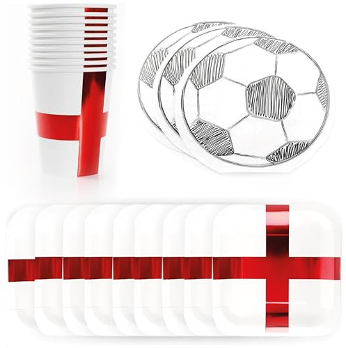 I LOVE FANCY DRESS England Football Party Set - 160pc Set - England Flag Square Paper Plates, England Flag Paper Cups and Football Shaped Napkins - English Sport Supporters Party Tableware Set
